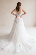 Robe de mariée blanche trapèze en tulle à col V sans manches - Harana