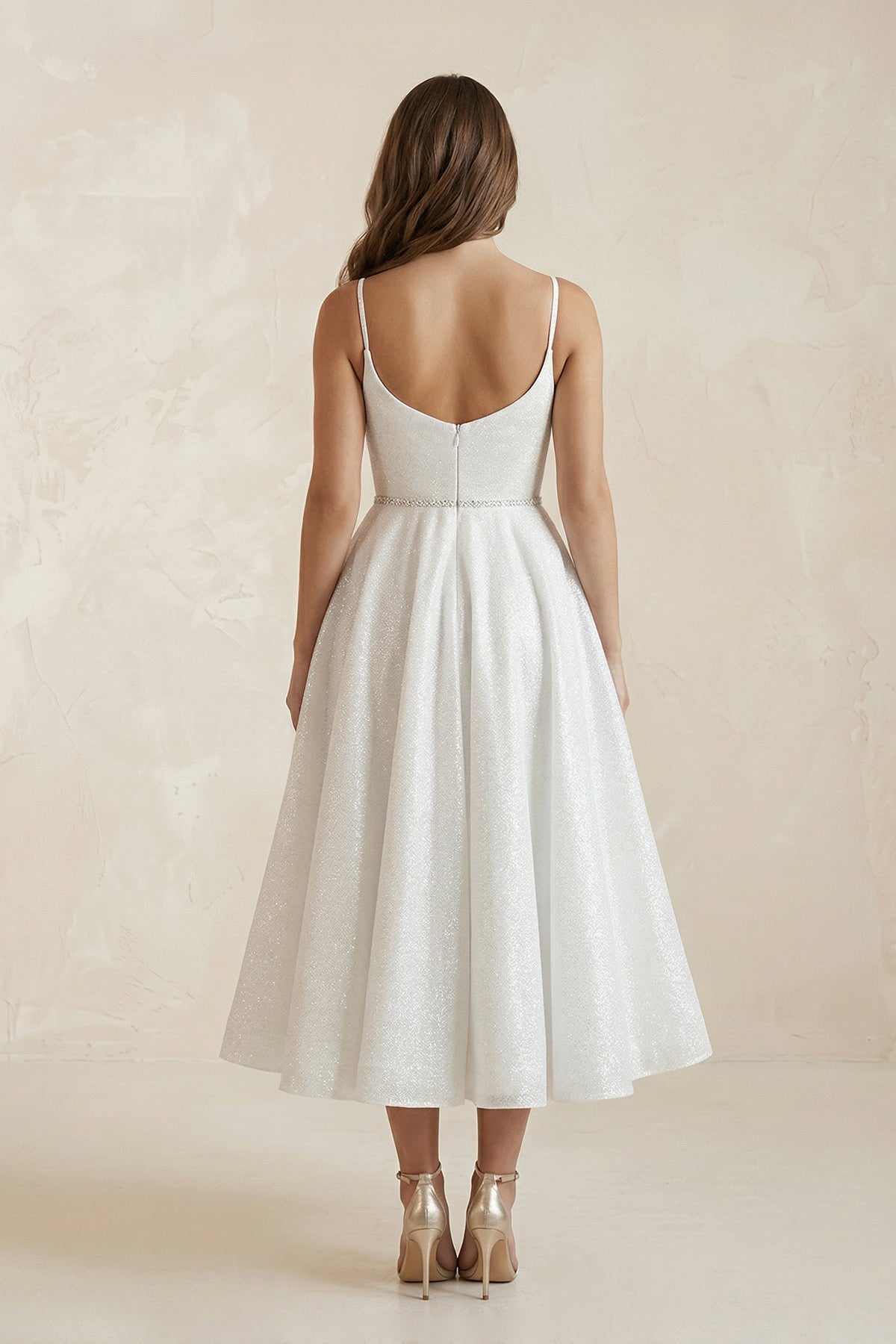 Robe de mariée blanche trapèze en tulle à col V sans manches - Harana