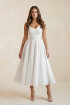 Robe de mariée blanche trapèze en tulle à col V sans manches - Harana