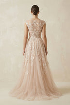 Robe de mariée champagne trapèze en tulle à col V sans manches - Harana