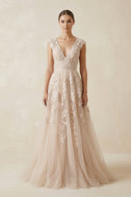 Robe de mariée champagne trapèze en tulle à col V sans manches - Harana