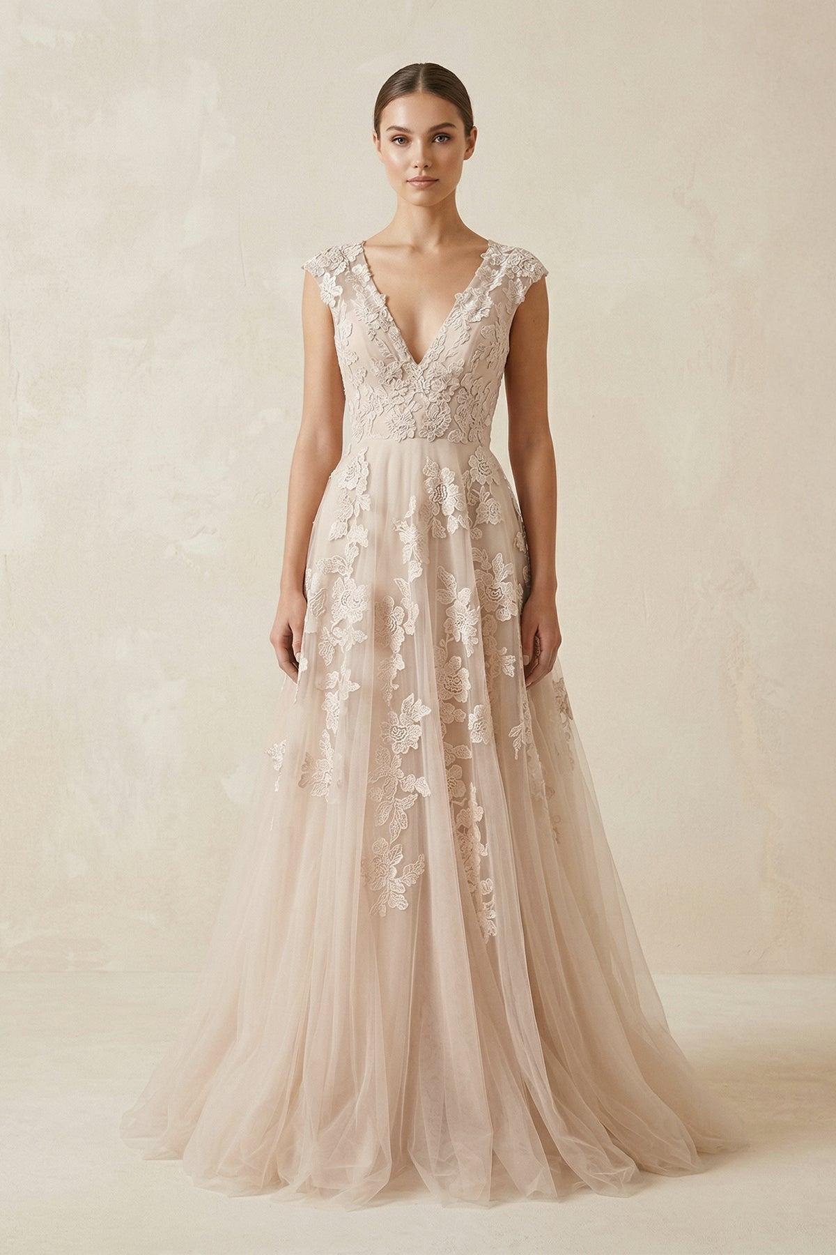 Robe de mariée champagne trapèze en tulle à col V sans manches - Harana