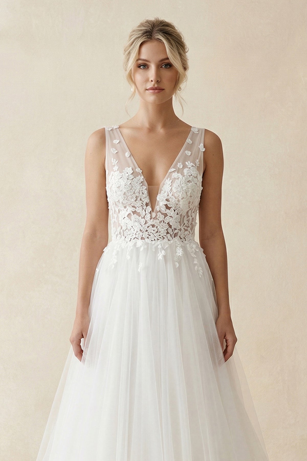 Robe de mariée blanc longue col V sans manches en tulle - Harana