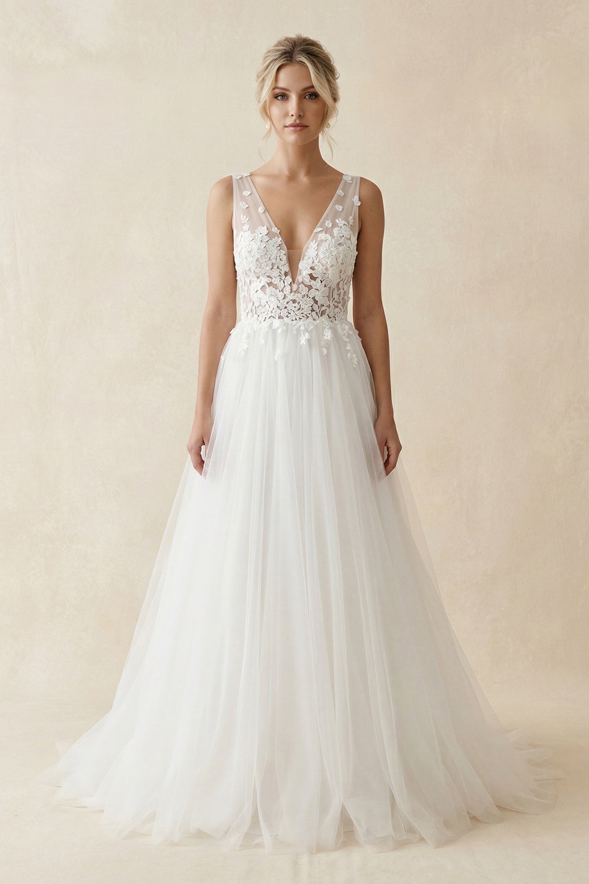 Robe de mariée blanc longue col V sans manches en tulle - Harana