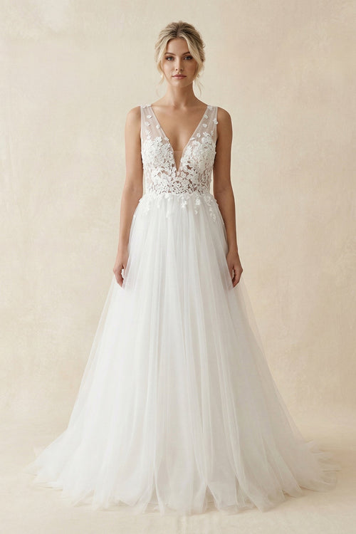 Robe de mariée blanc longue col V sans manches en tulle - Harana