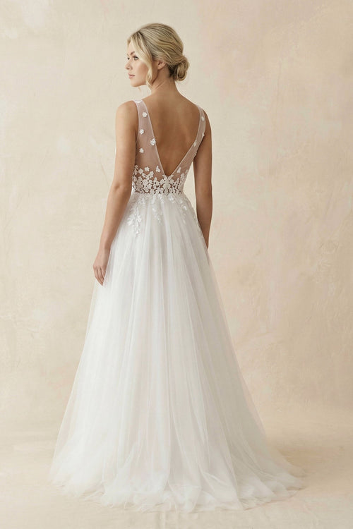 Robe de mariée blanc longue col V sans manches en tulle - Harana