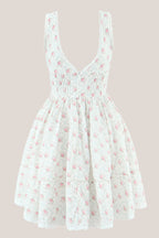 Robe blanche courte en coton à col V et imprimé floral rétro - Harana