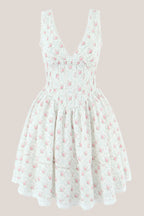 Robe blanche courte en coton à col V et imprimé floral rétro - Harana