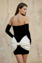 Robe courte black & white en velours avec nœud - Harana