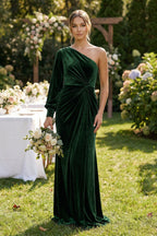 Robe demoiselle d’honneur vert foncé longue asymétrique manches longues froncée - Harana