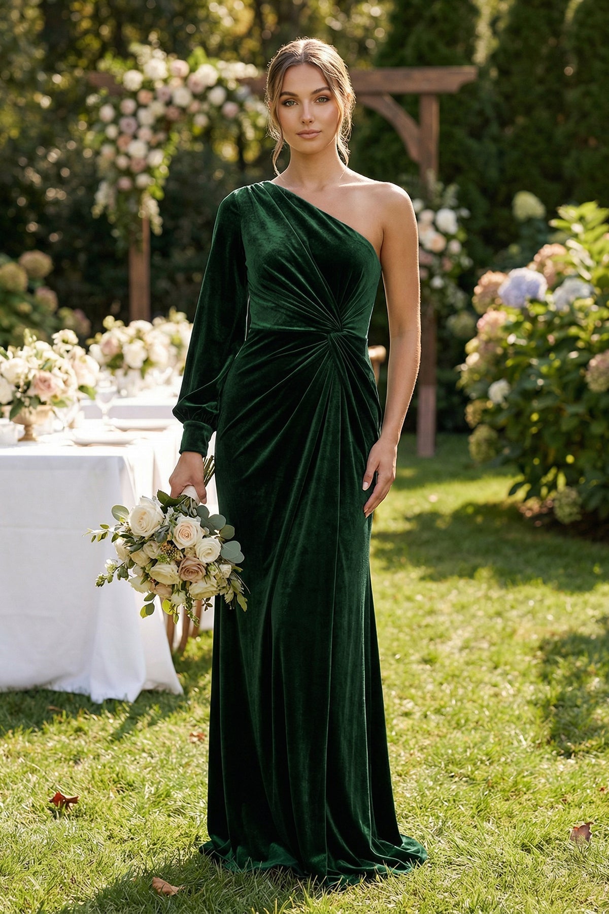 Robe demoiselle d’honneur vert foncé longue asymétrique manches longues froncée - Harana