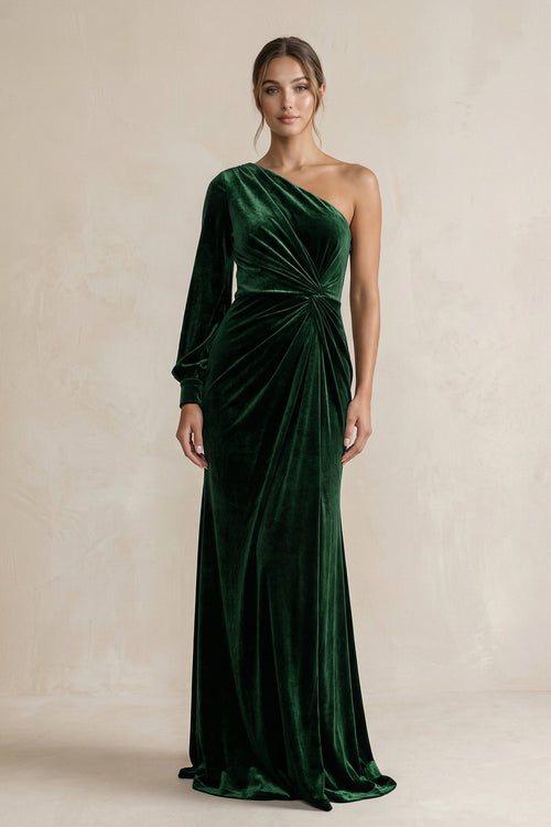 Robe de demoiselle d’honneur vert foncé longue en velours coupe fourreau à une épaule et manche longue - Harana