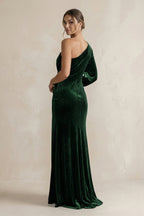 Robe demoiselle d’honneur vert foncé longue asymétrique manches longues froncée - Harana