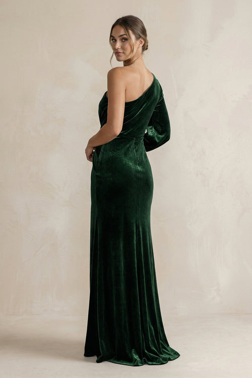 Robe de demoiselle d’honneur vert foncé longue en velours coupe fourreau à une épaule et manche longue - Harana