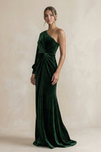 Robe demoiselle d’honneur vert foncé longue asymétrique manches longues froncée - Harana