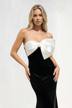 Robe longue black & white en velours avec nœud - Harana