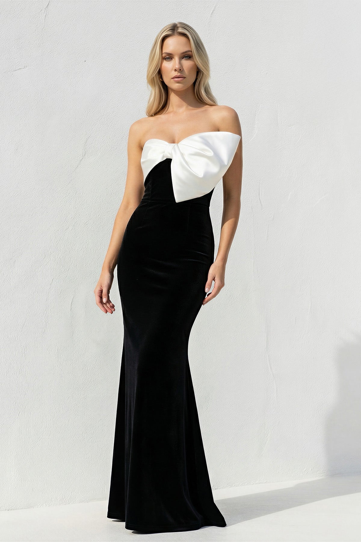 Robe longue black & white en velours avec nœud - Harana