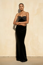Robe longue noir en velours bustier perlée - Harana