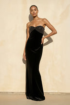 Robe longue noir en velours bustier perlée - Harana