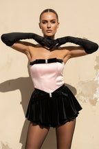 Robe courte black & pink en velours bustier avec nœud - Harana