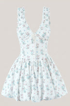 Robe blanche courte en coton coupe trapèze à col V imprimée - Harana