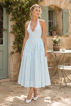 Robe bleue midi en coton à col licou - Harana