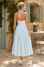 Robe bleue midi en coton à col licou - Harana