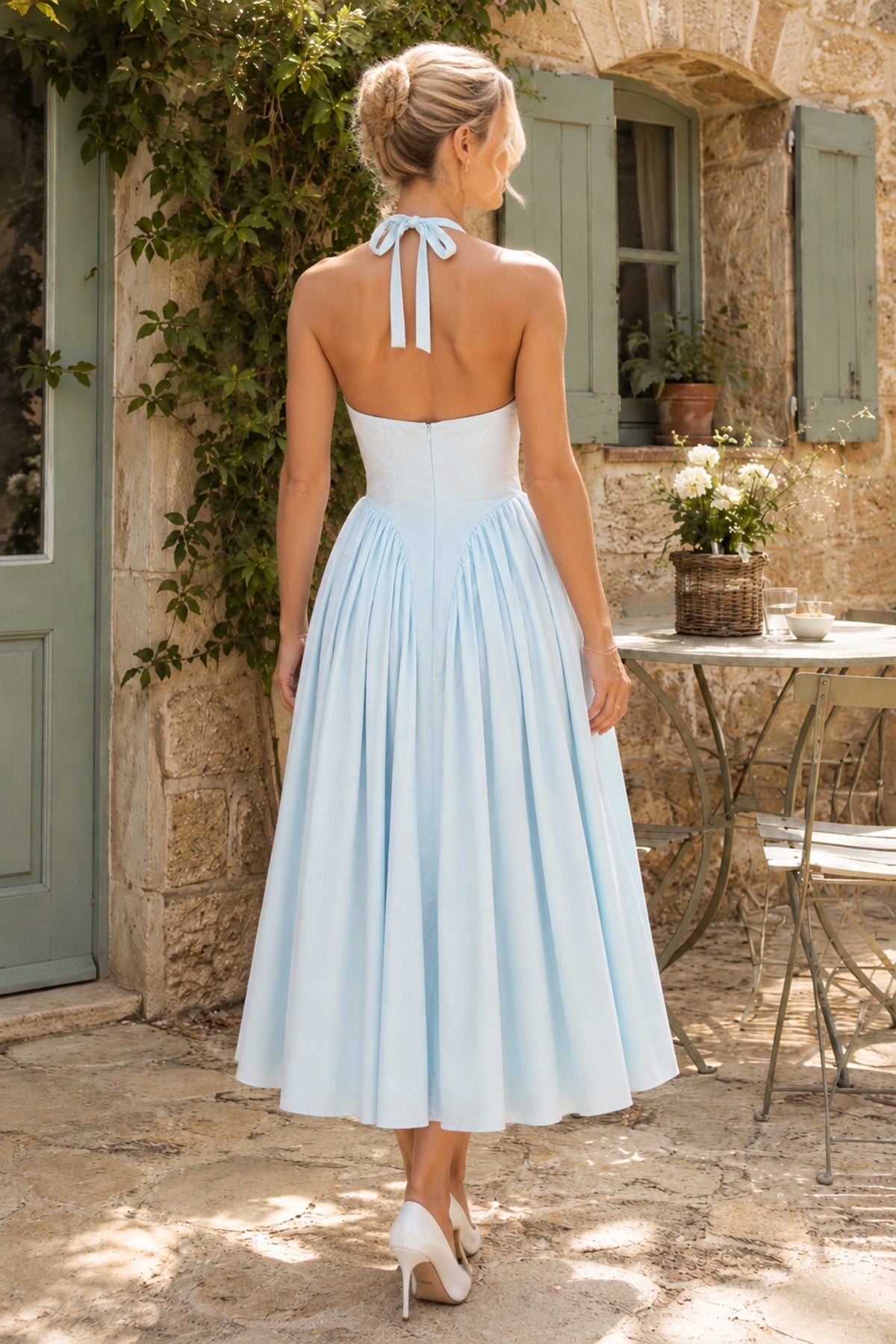 Robe bleue midi en coton à col licou - Harana
