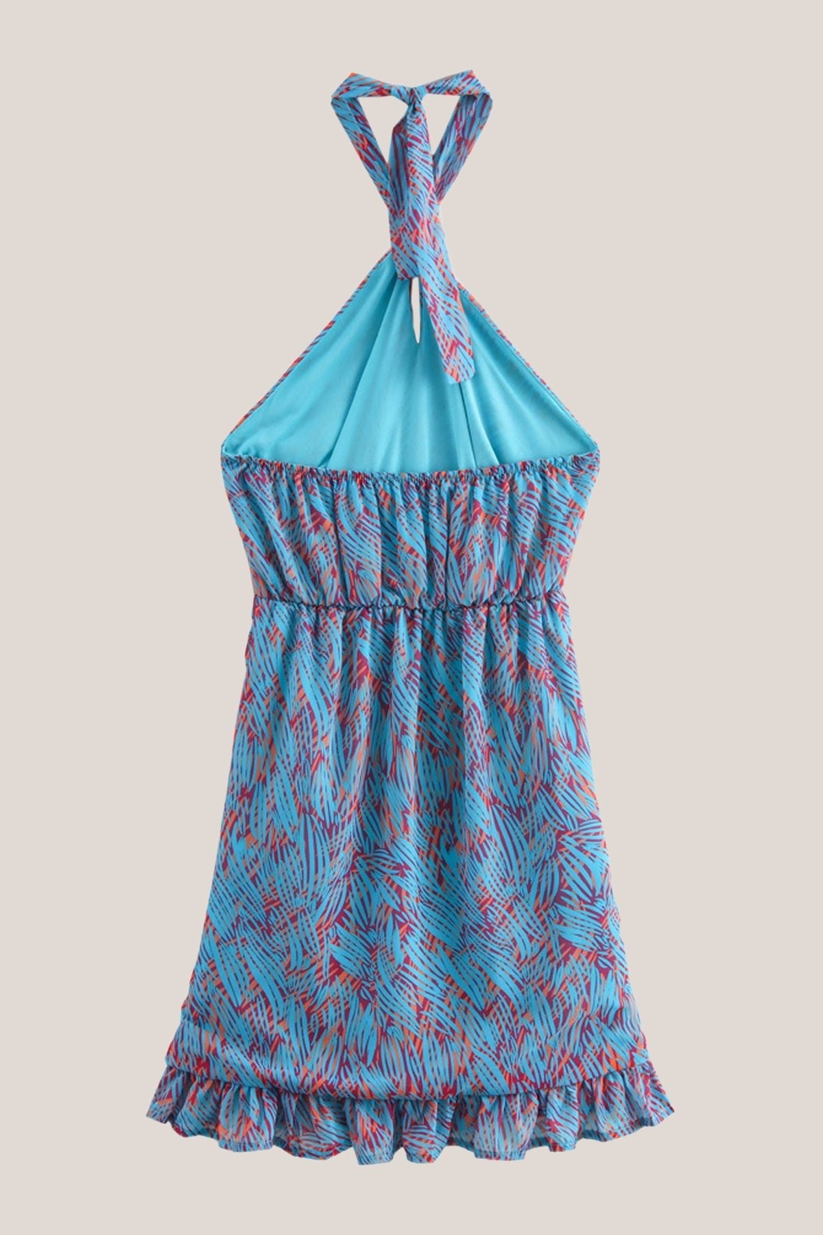 Robe bleue courte en coton coupe fourreau à col licou imprimée - Harana