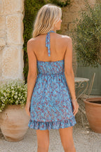 Robe bleue courte en coton coupe fourreau à col licou imprimée - Harana