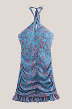 Robe bleue courte en coton coupe fourreau à col licou imprimée - Harana