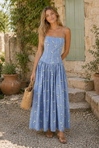 Robe bleue midi en coton coupe trapèze à imprimé floral rétro - Harana