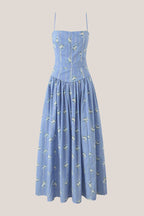 Robe bleue midi en coton coupe trapèze à imprimé floral rétro - Harana