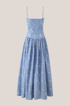 Robe bleue midi en coton coupe trapèze à imprimé floral rétro - Harana