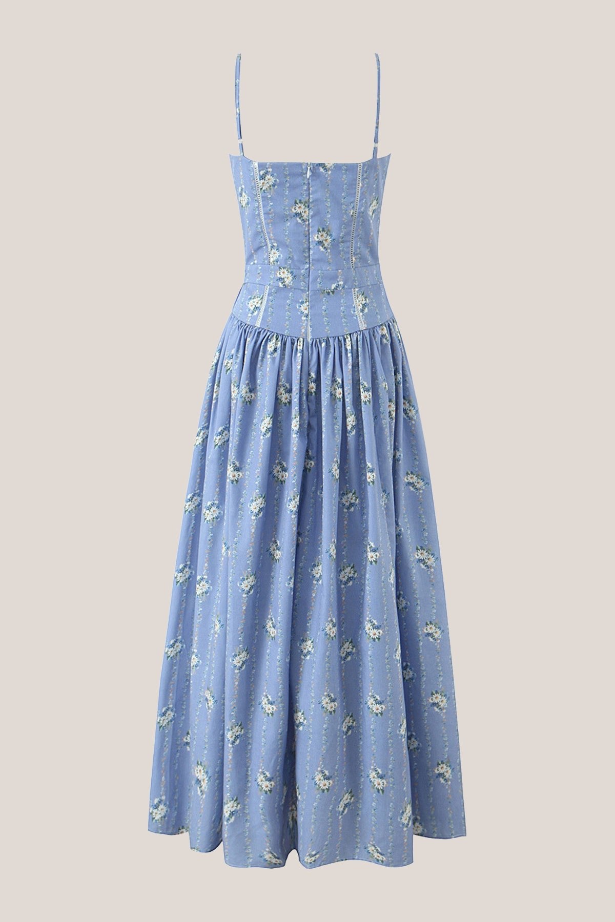 Robe bleue midi en coton coupe trapèze à imprimé floral rétro - Harana