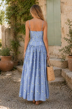 Robe bleue midi en coton coupe trapèze à imprimé floral rétro - Harana