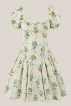 Robe jaune courte en coton à imprimé floral rétro - Harana