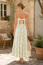 Robe jaune midi en coton coupe trapèze à décolleté cœur et imprimé floral rétro - Harana