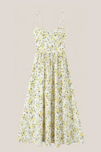 Robe jaune midi en coton coupe trapèze à décolleté cœur et imprimé floral rétro - Harana
