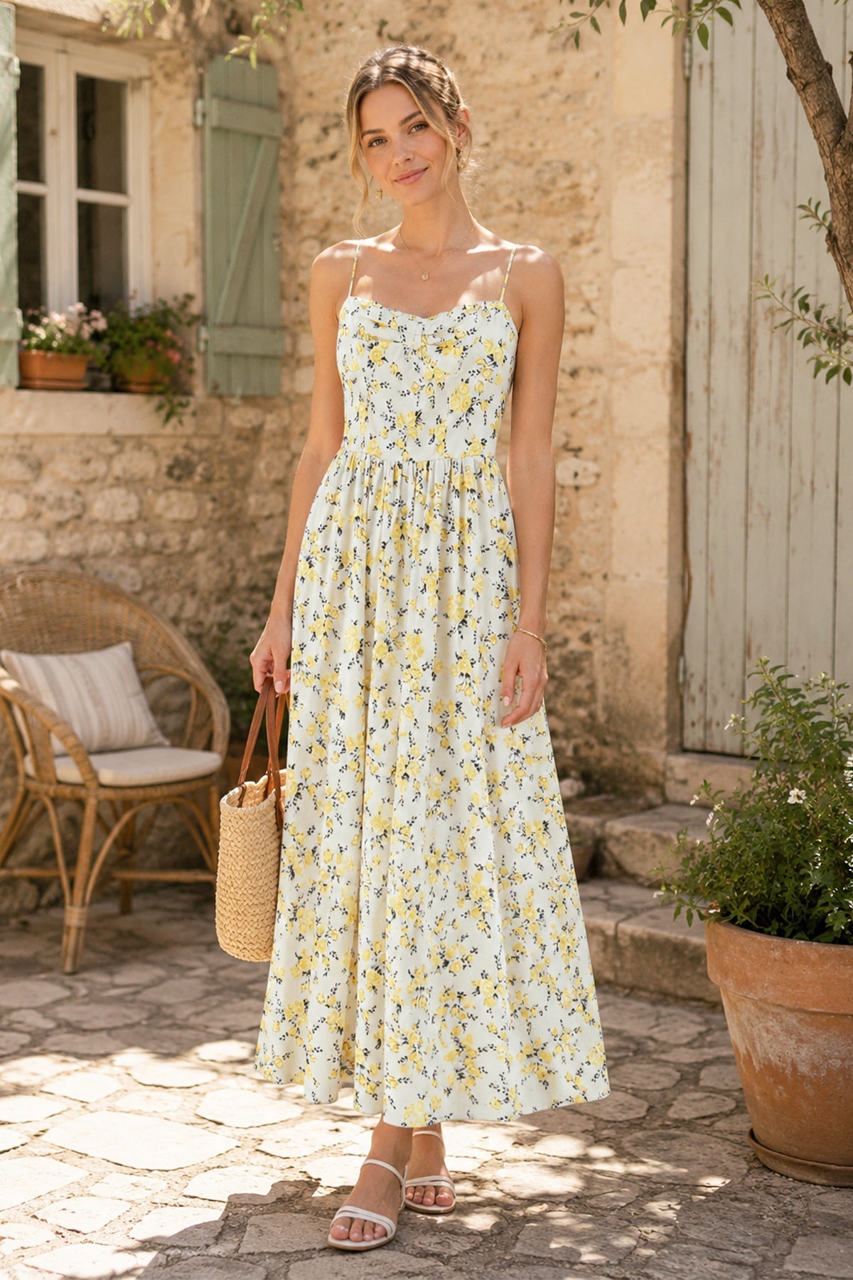 Robe jaune midi en coton coupe trapèze à décolleté cœur et imprimé floral rétro - Harana