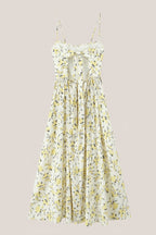 Robe jaune midi en coton coupe trapèze à décolleté cœur et imprimé floral rétro - Harana