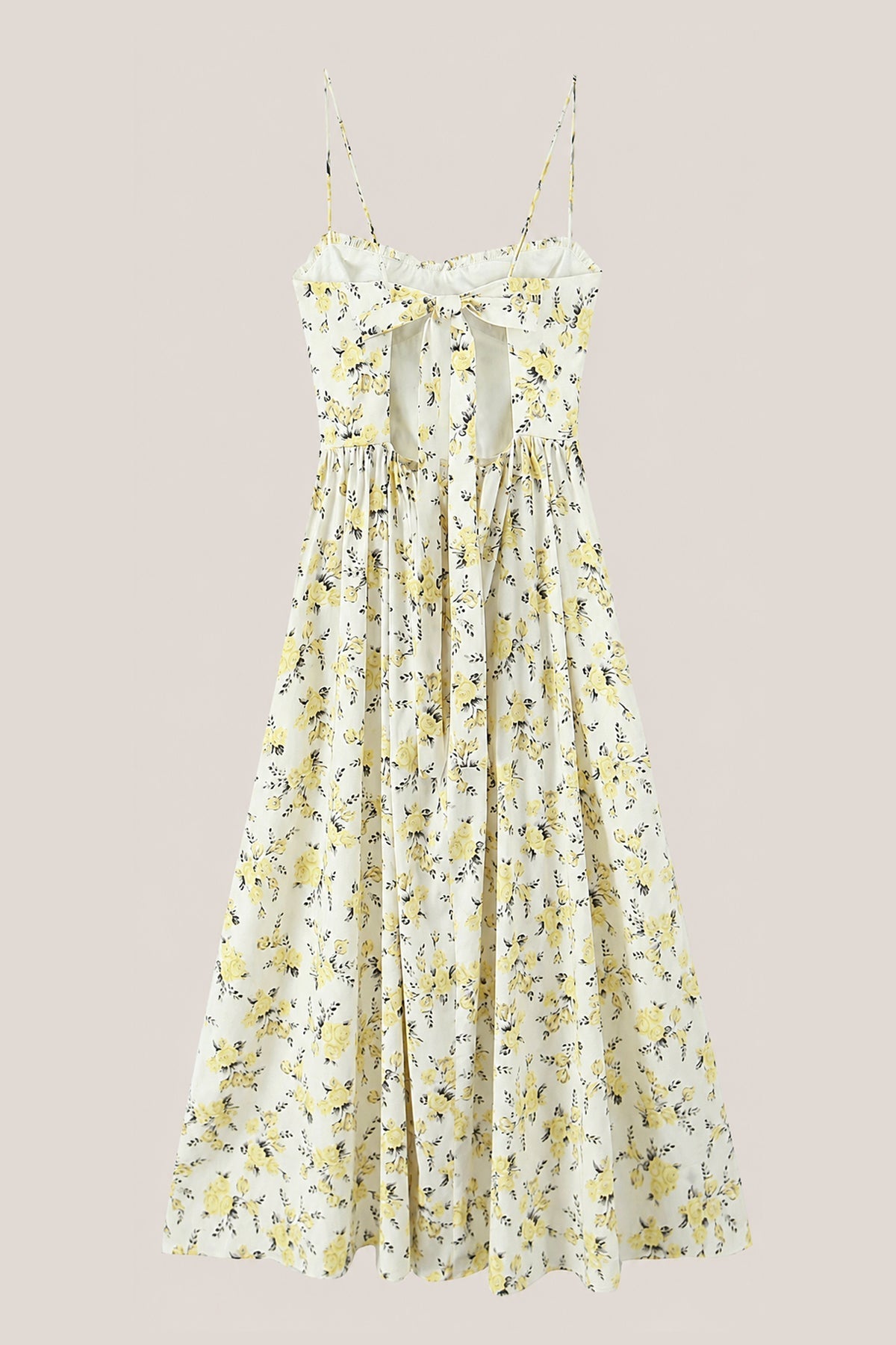 Robe jaune midi en coton coupe trapèze à décolleté cœur et imprimé floral rétro - Harana