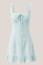 Robe bleue courte en dentelle et coton coupe fourreau à fines bretelles - Harana