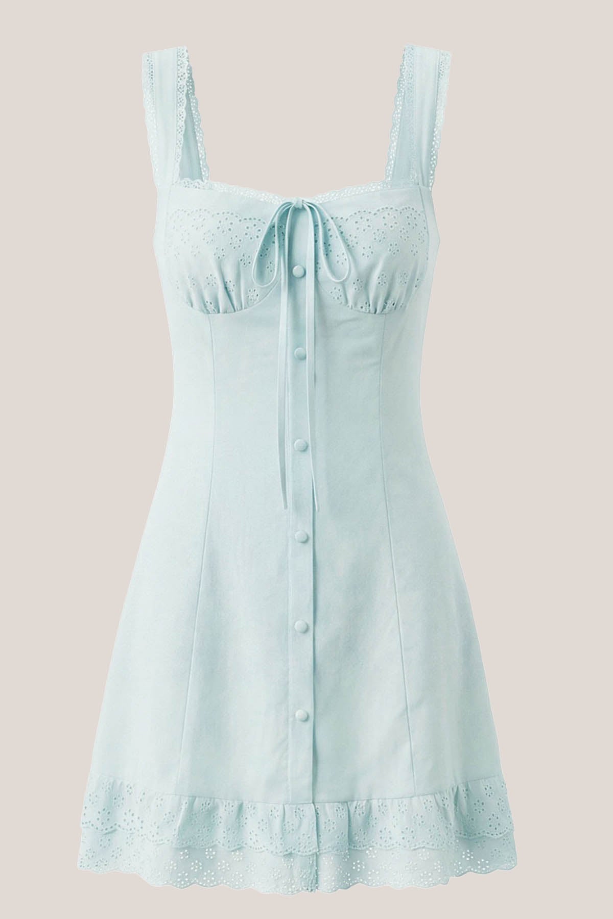 Robe bleue courte en dentelle et coton coupe fourreau à fines bretelles - Harana