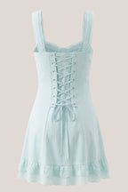 Robe bleue courte en dentelle et coton coupe fourreau à fines bretelles - Harana