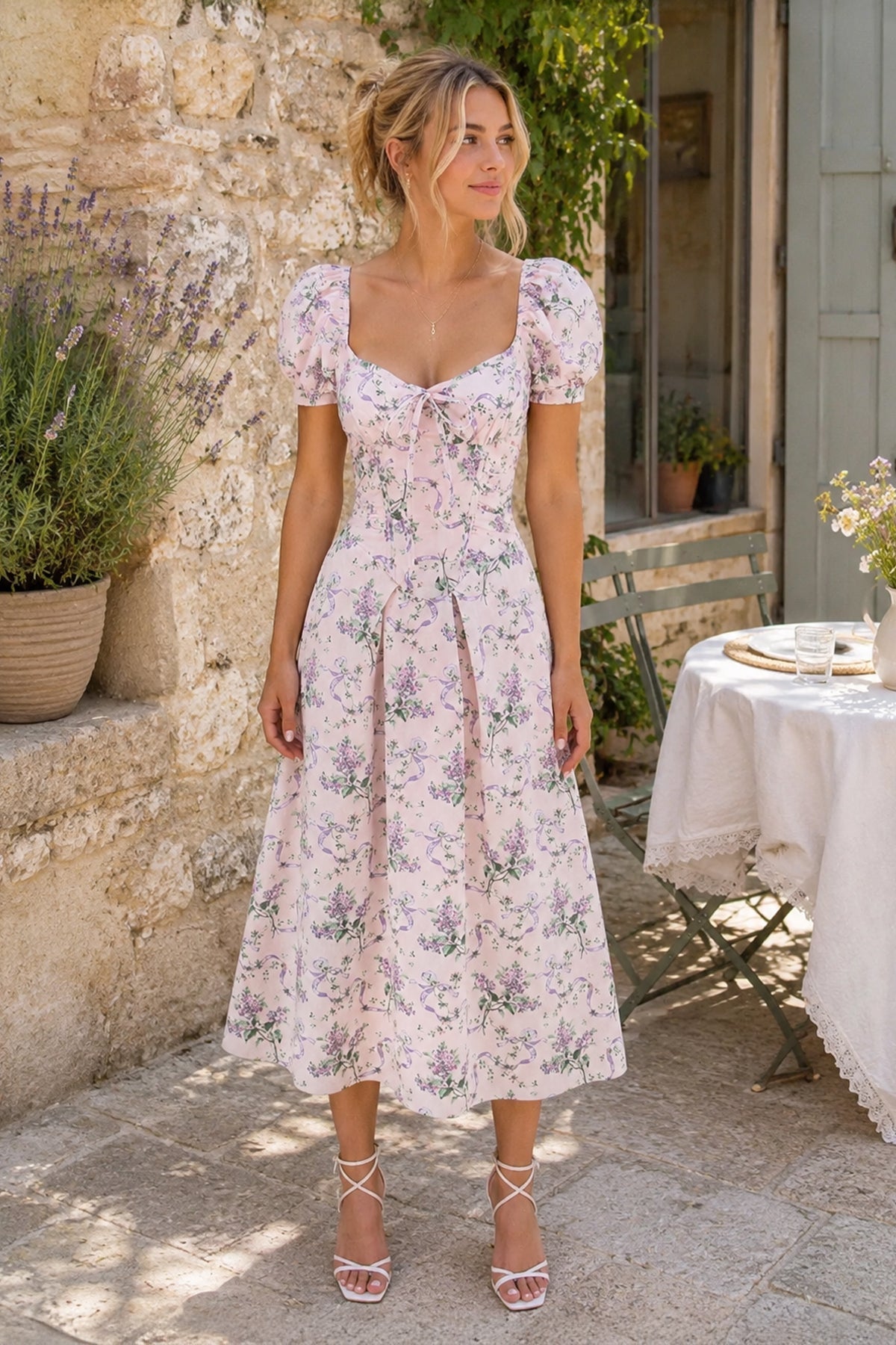 Robe rose midi en coton coupe trapèze à encolure carrée imprimée - Harana