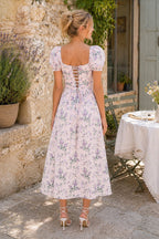 Robe rose midi en coton coupe trapèze à encolure carrée imprimée - Harana