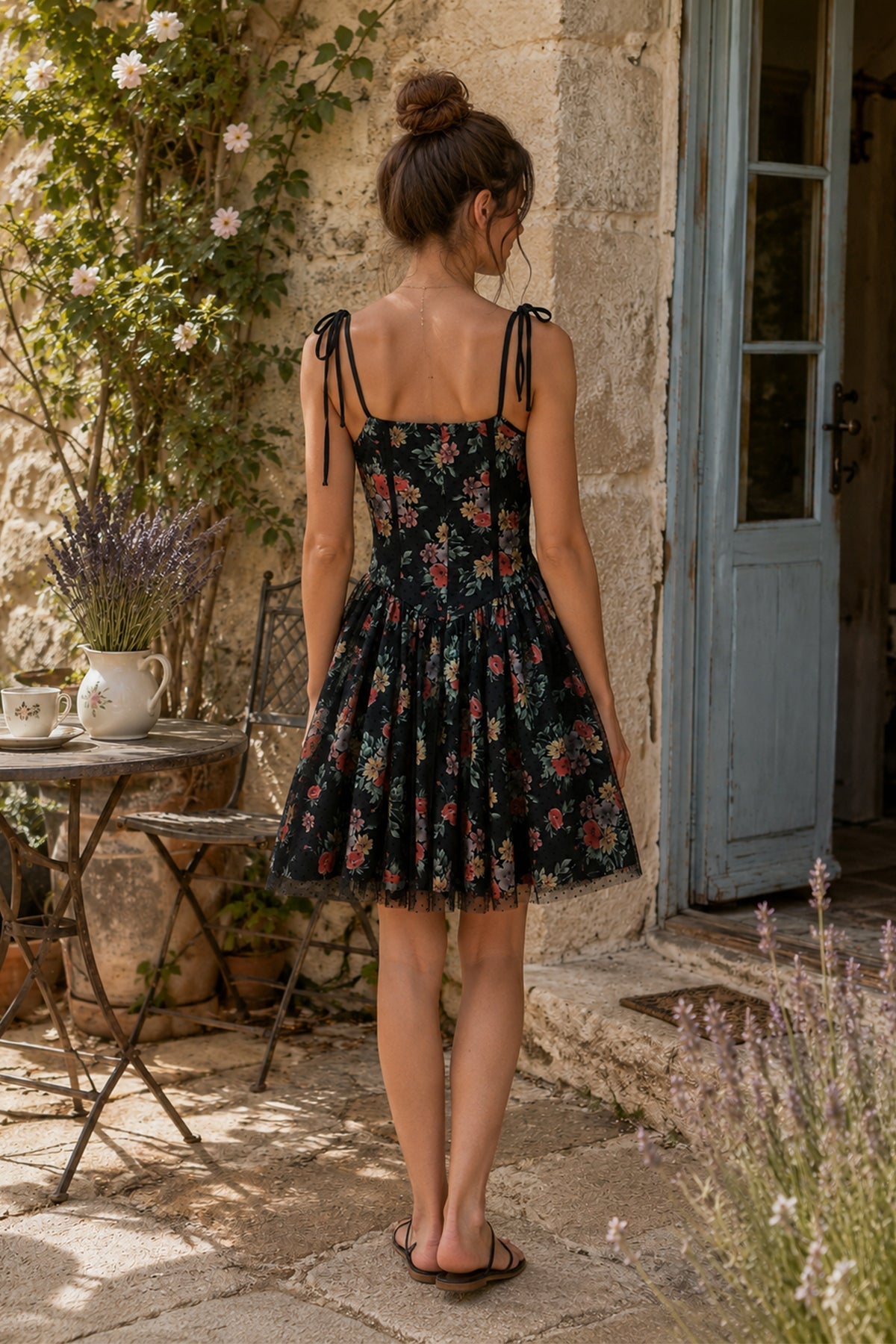 Robe noire courte en coton à encolure carrée imprimée - Harana