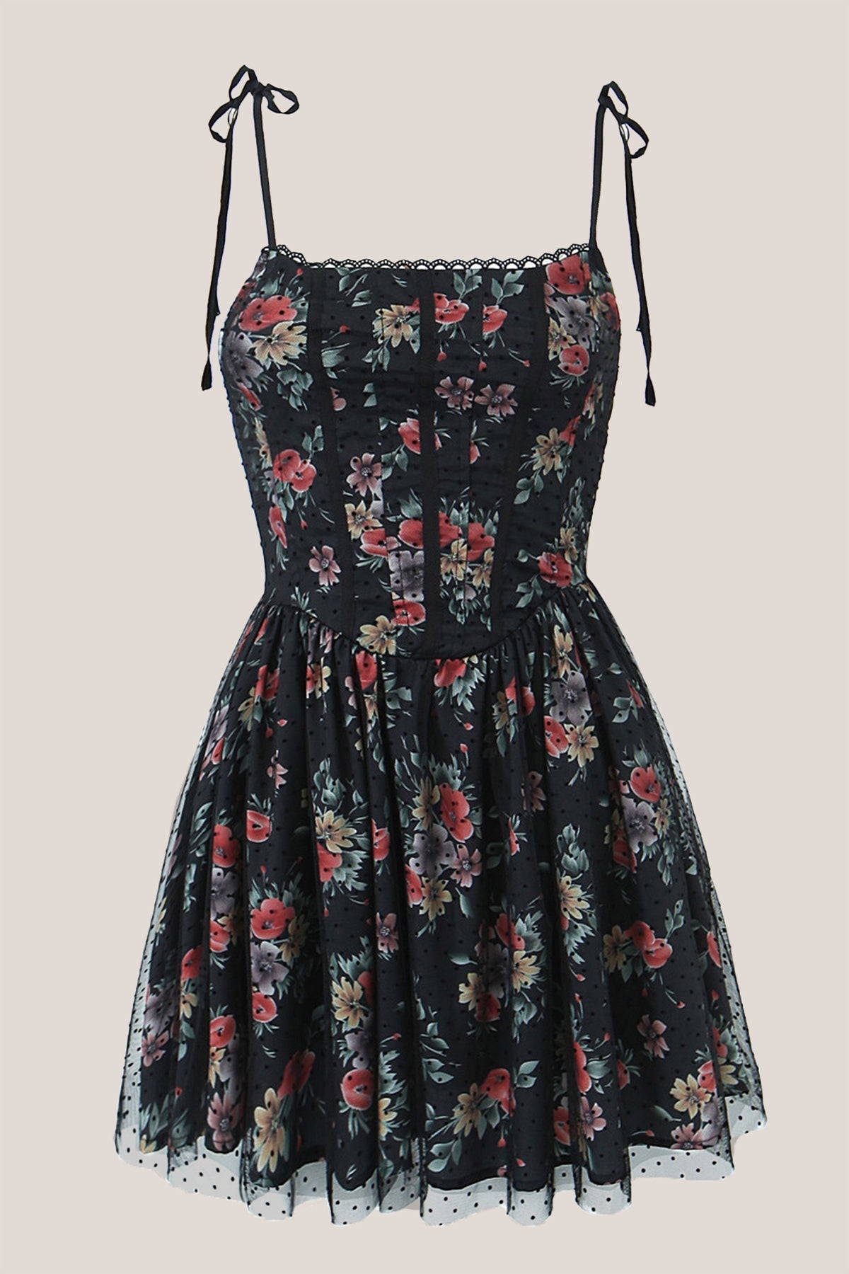 Robe noire courte en coton à encolure carrée imprimée - Harana
