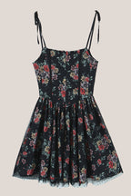 Robe noire courte en coton à encolure carrée imprimée - Harana